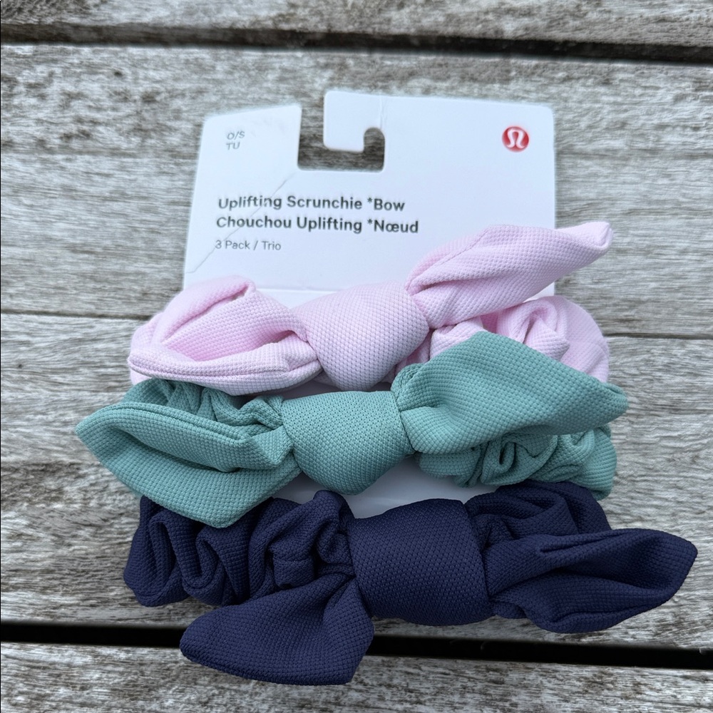 Lululemon Uplifting Bow Scrunchie 3 Pack Meadowsweet Pink Rip Tide Night Sea NWT
